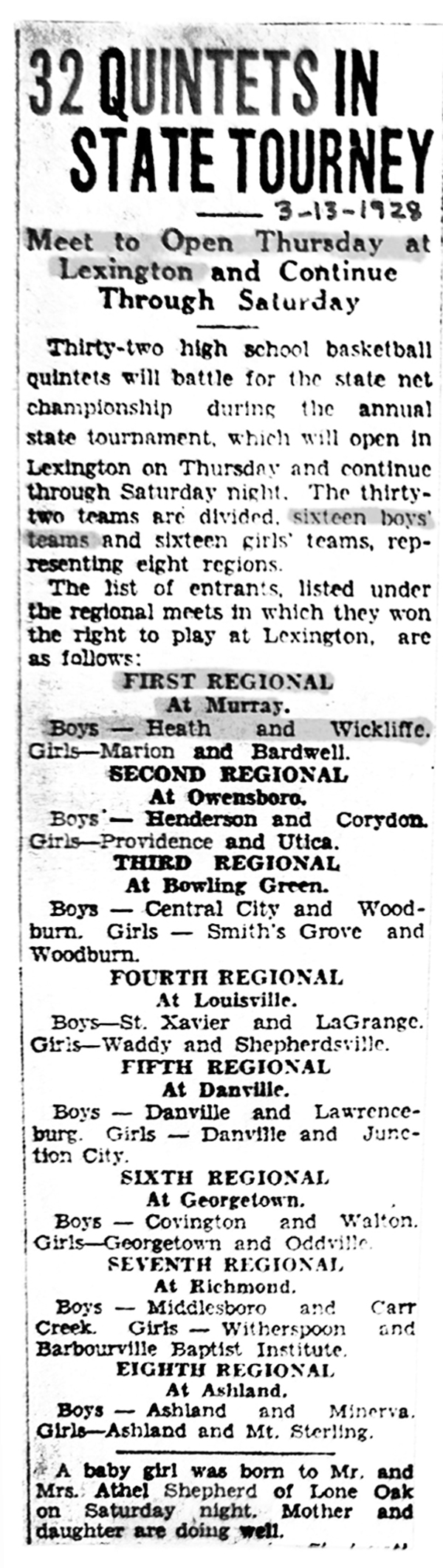 32 Quintets in State Tourney 3-13-1928