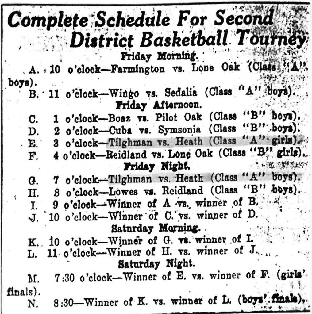 Complete Schedule for Second District Bball Tourney