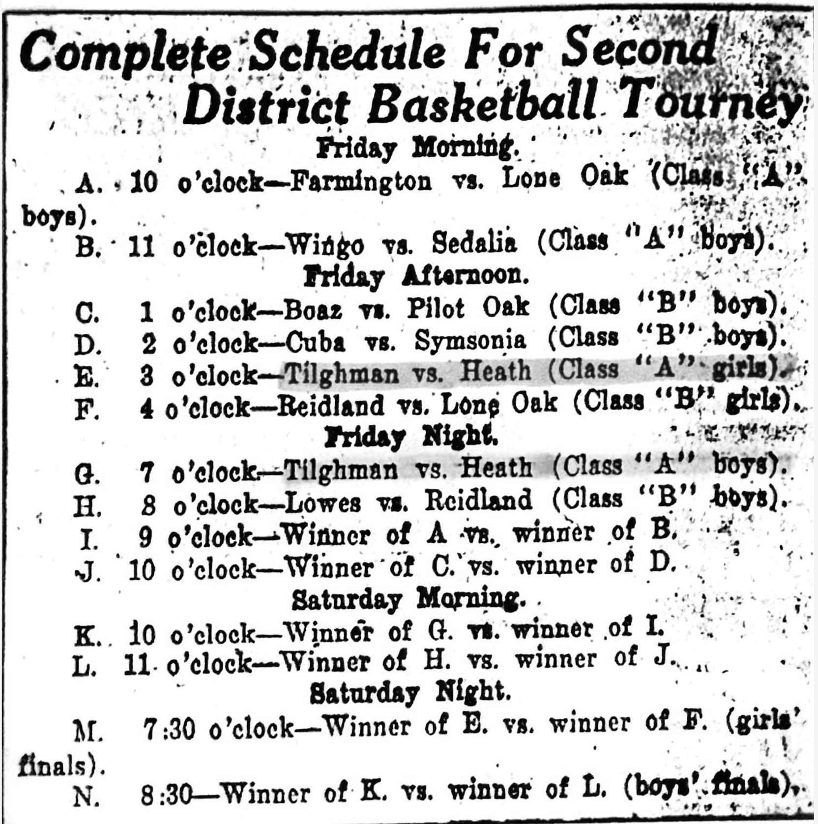 Complete Schedule for Second District Bball Tourney