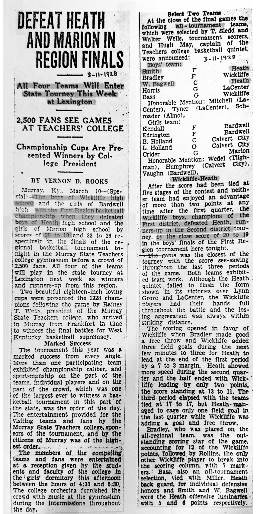 Defeat Heath and Marion in Regional Finals 3-11-1928