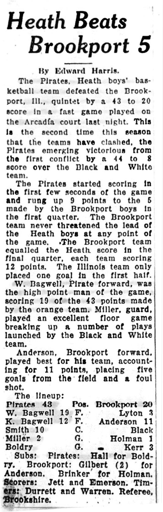 Heath Beats Brookport 5 1928