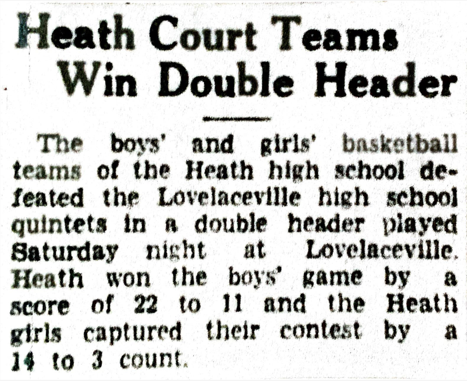 Heath Court Teams Win Double Header 1929