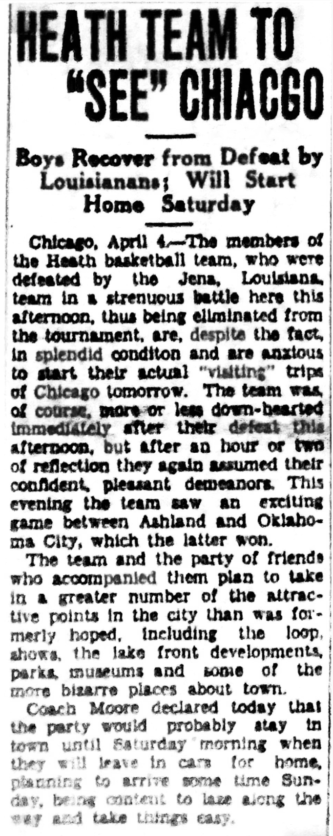 Heath Team to See Chicago 4-15-1929