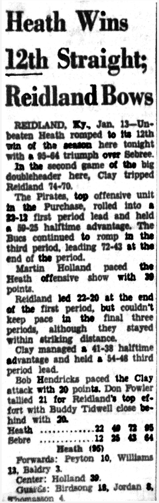 Heath Wins 12th Straight Reidland Bows 1-13-56