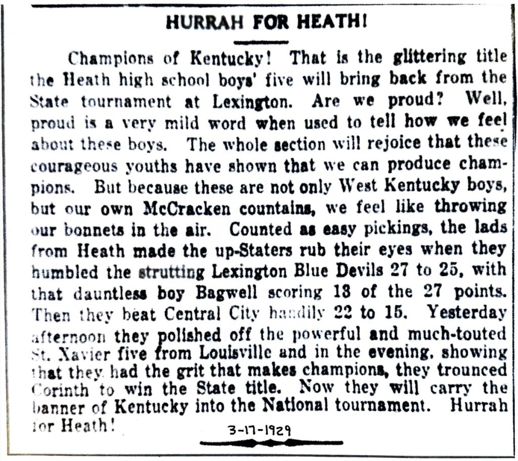 Hurrah for Heath - Champions of Kentucky 3-17-1929
