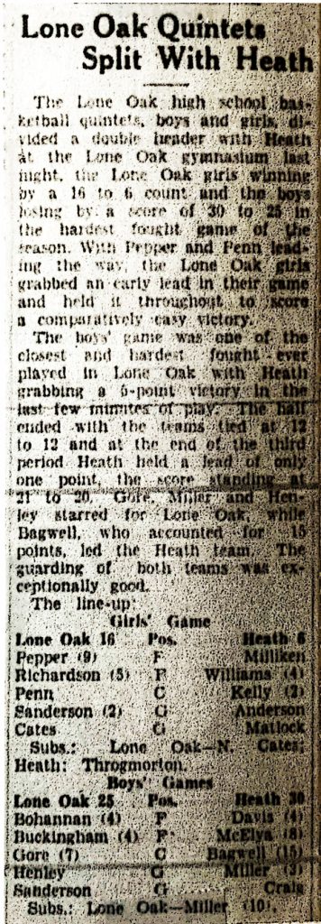 Lone Oak Quintets Split With Heath 1929