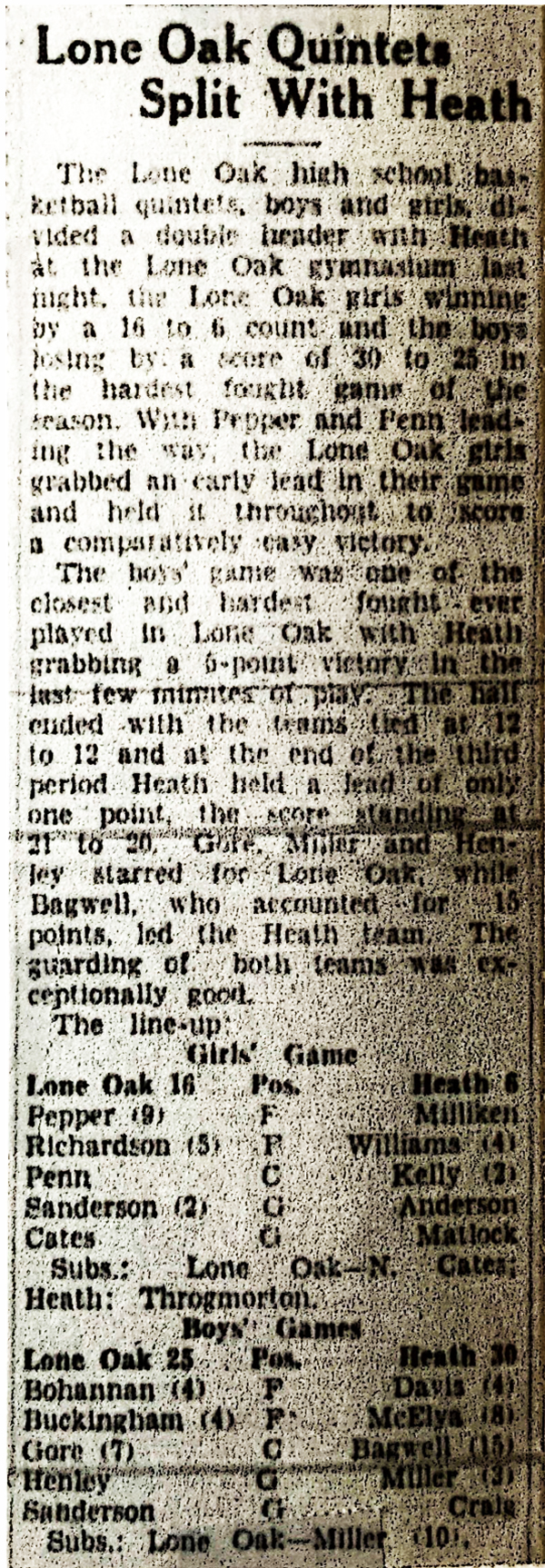 Lone Oak Quintets Split With Heath 1929