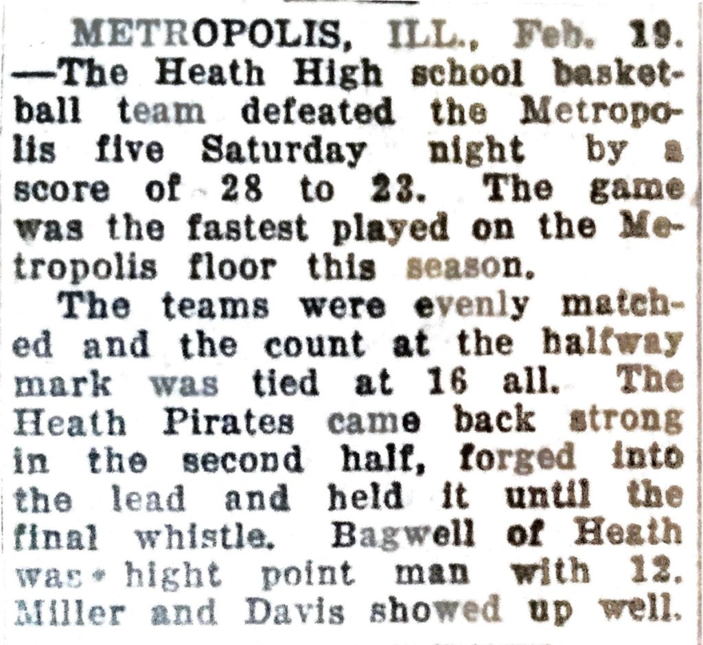 Metropolis, Ill., Defeated By Heath High School 1929