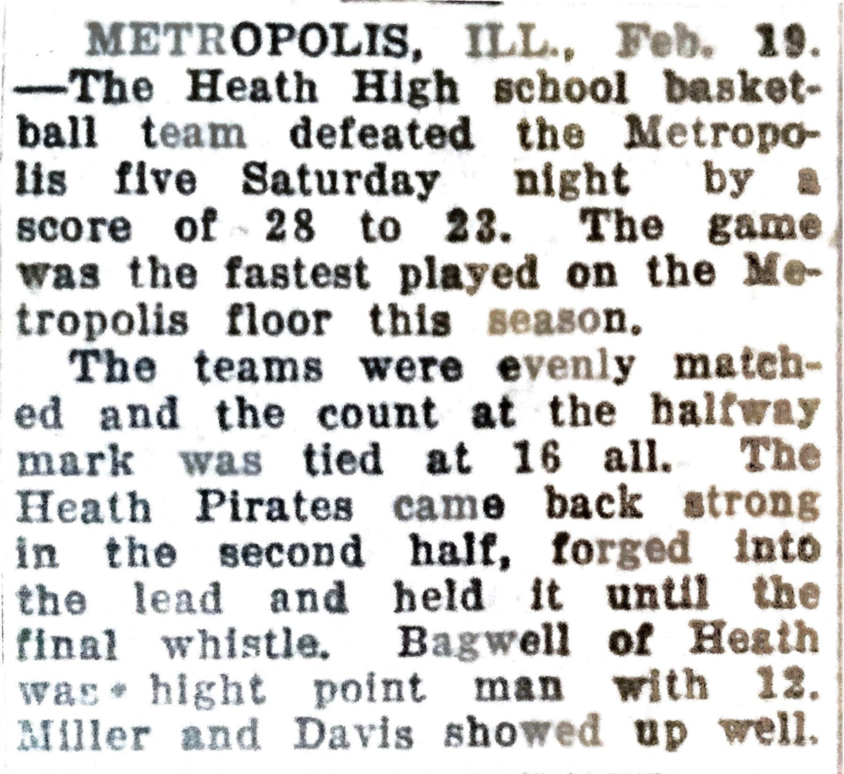 Metropolis, Ill., Defeated By Heath High School 1929