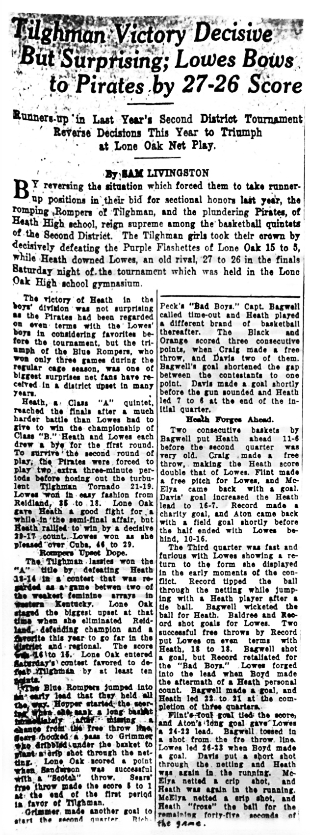 Tilghman Victory Decisive But Surprising - Lowes Bows to Pirates