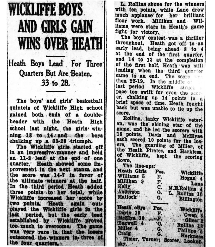 Wickliffe Boys And Girls Gain Wins Over Heath 1929