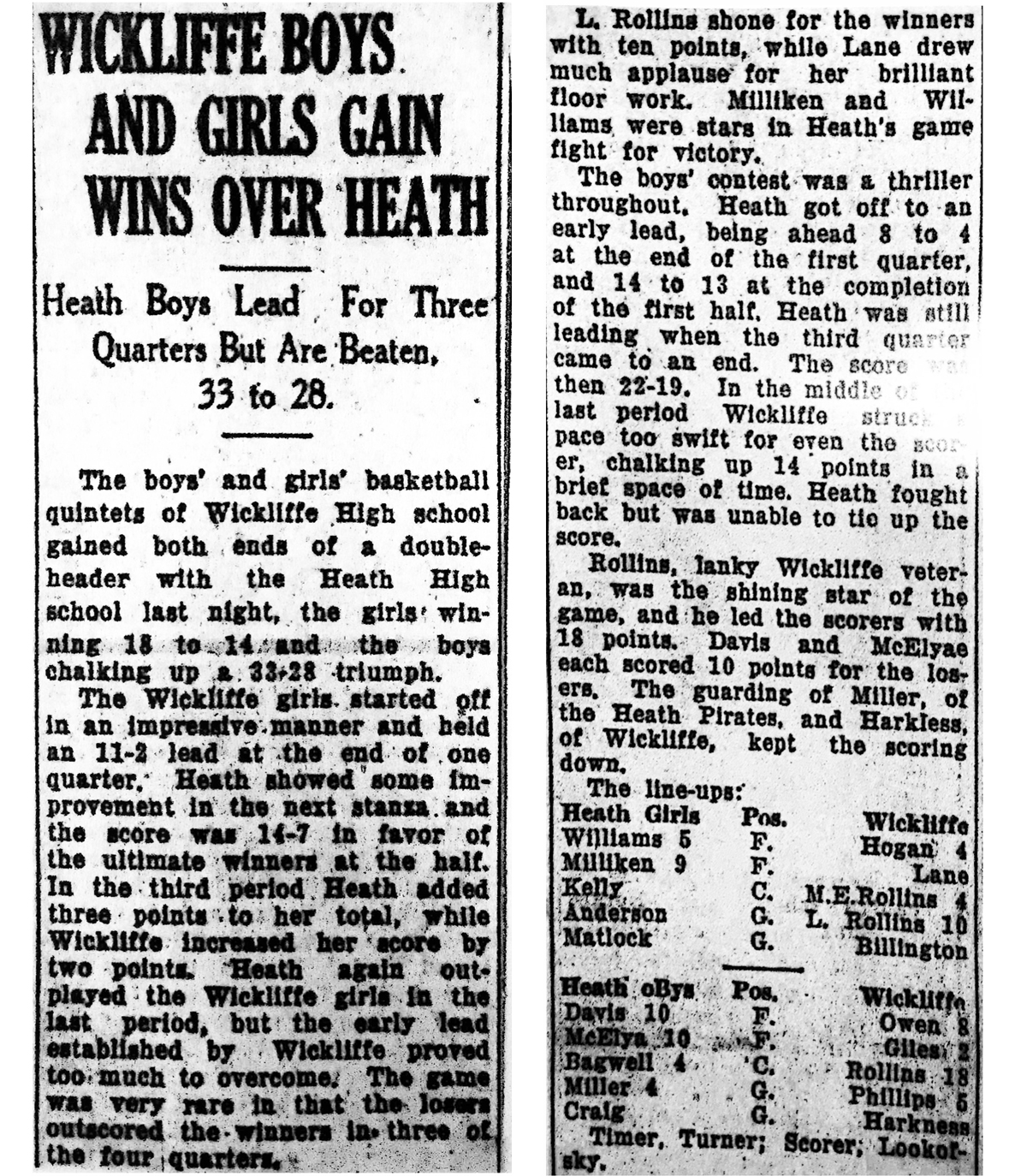 Wickliffe Boys And Girls Gain Wins Over Heath 1929